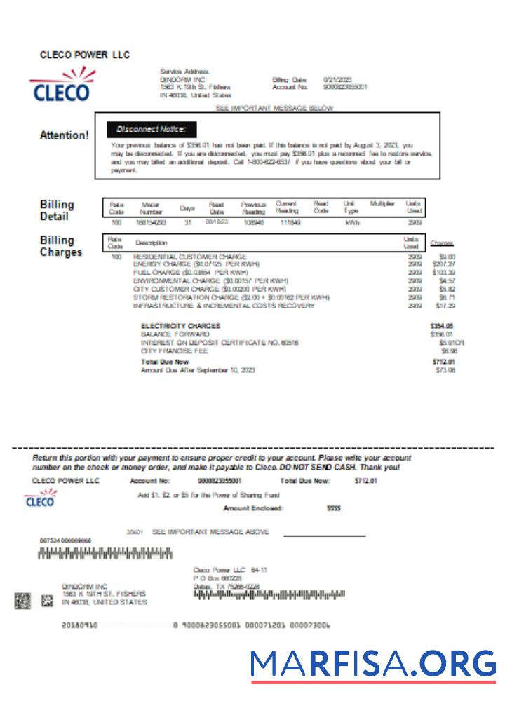 Blank Louisiana Cleco Power electricity utility business bill, SCR template